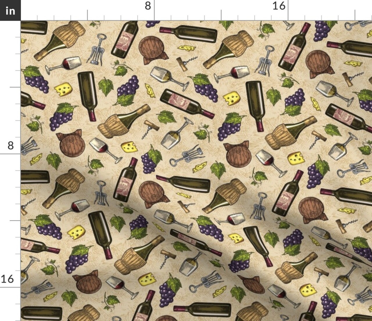 Wine Leaves Style Cheese Drink Custom Printed Fabric by Spoonflower Various Fabrics by the Yard or Fat Quarter